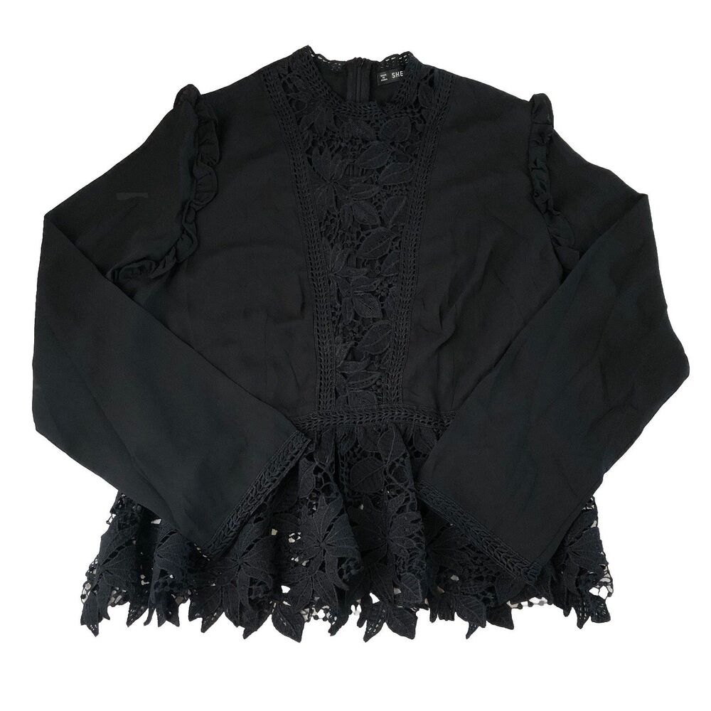 SHEIN Women’s Black Lace Mock Neck Peplum Blouse Size Large